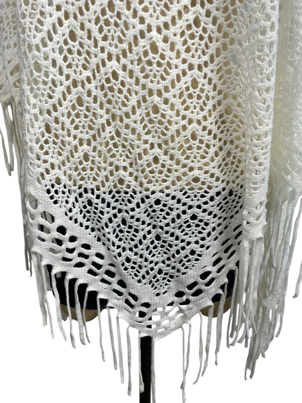 White Open Knit Poncho Crochet Boho Cape Fringe One Size Soft Cottage Whimsy - Picture 5 of 12